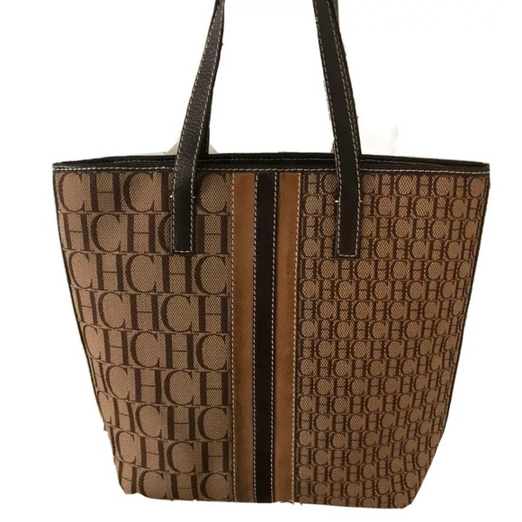 CAROLINA HERRERA MONOGRAM CANVAS LEATHER TOTE - Picture 1 of 8
